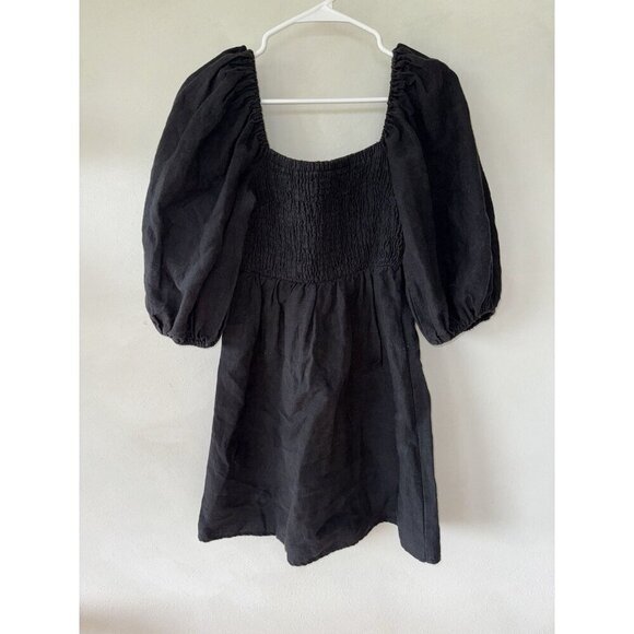 Tuckernuck Women’s Annie Smocked Balloon Sleeve Dress Small S Black 100% Linen - Picture 2 of 5